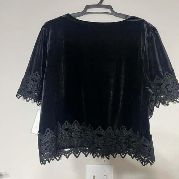 Calligraphie Black Velvet Lace Front Tie Top V-Neck Short Sleeve Blouse Size L - Picture 4 of 6